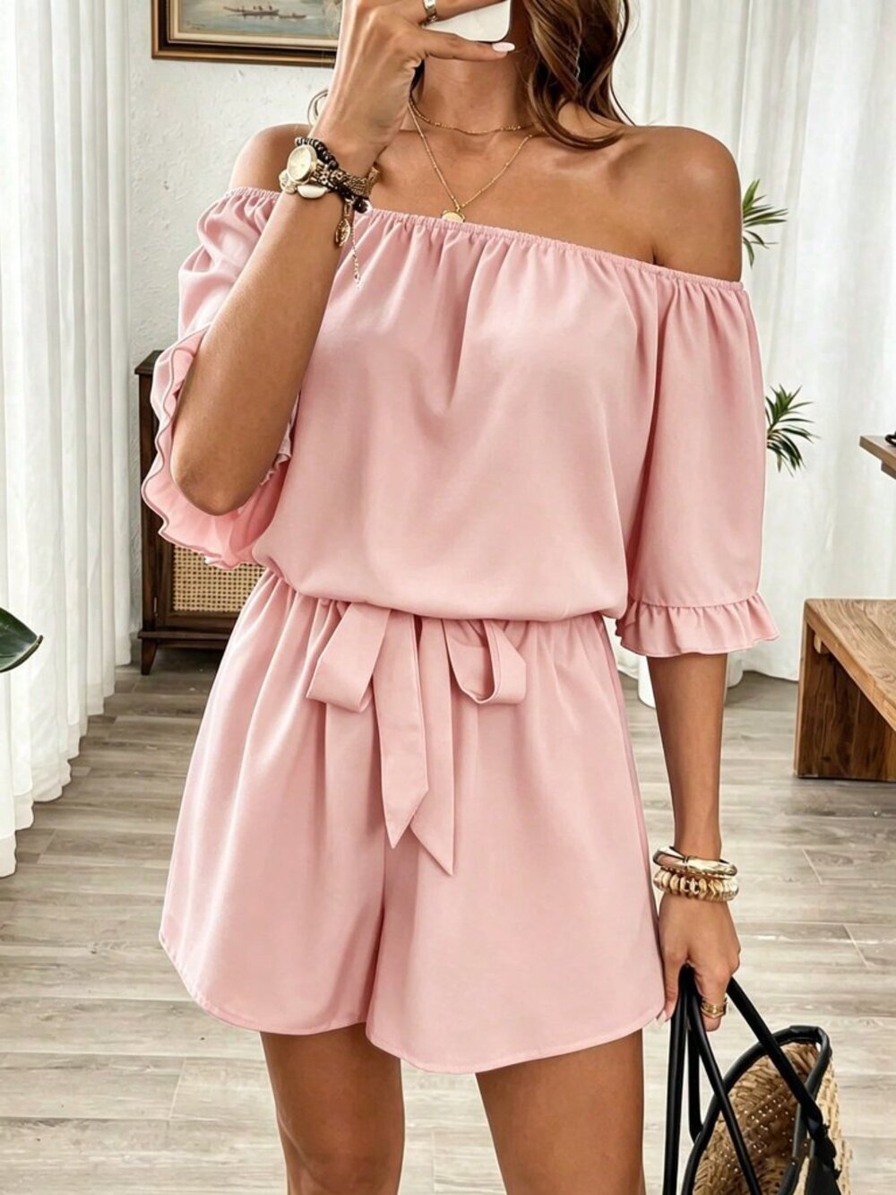 Pink Casual Women's Hawaiian Style Ruffled Off-Shoulder Romper - Picture 1 of 5
